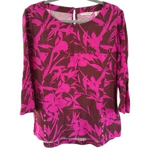 SOFT SURROUNDINGS Pink & Brown Floral Ramie Pullover Blouse
